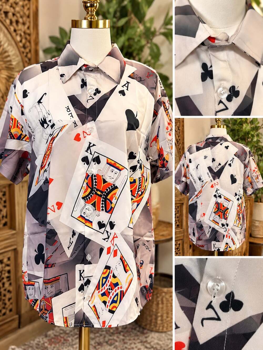 Kyku Playing Card Print Button Down Shirt Short Sleeve